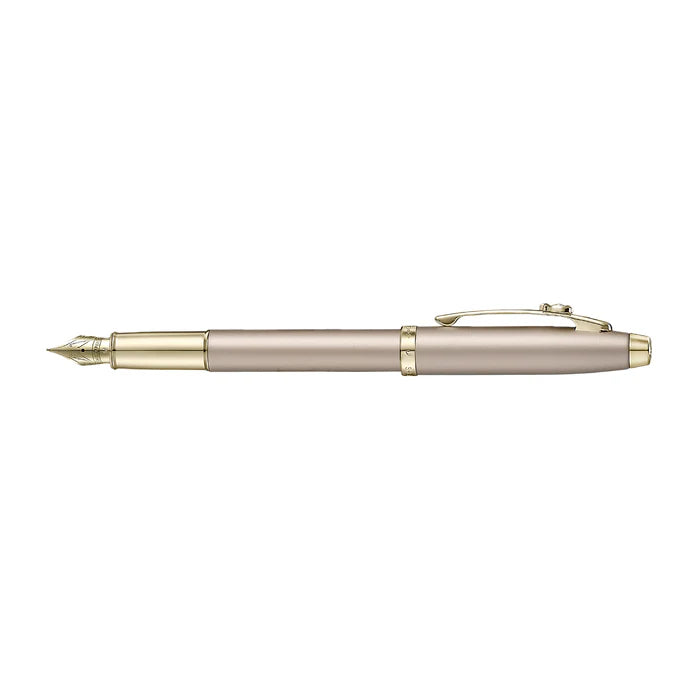 Sheaffer 100 Emily in Paris 9377 Champagne Gold Fountain Pen with Champagne Gold Trims and Bow-Shaped Clip Emblem full side profile