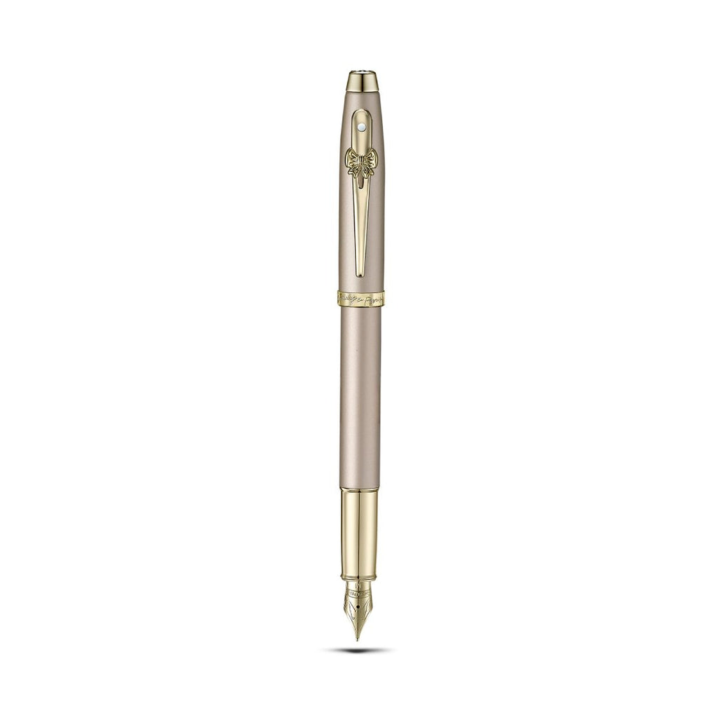 Sheaffer 100 Emily in Paris 9377 Champagne Gold Fountain Pen with Champagne Gold Trims and Bow-Shaped Clip Emblem full upright view