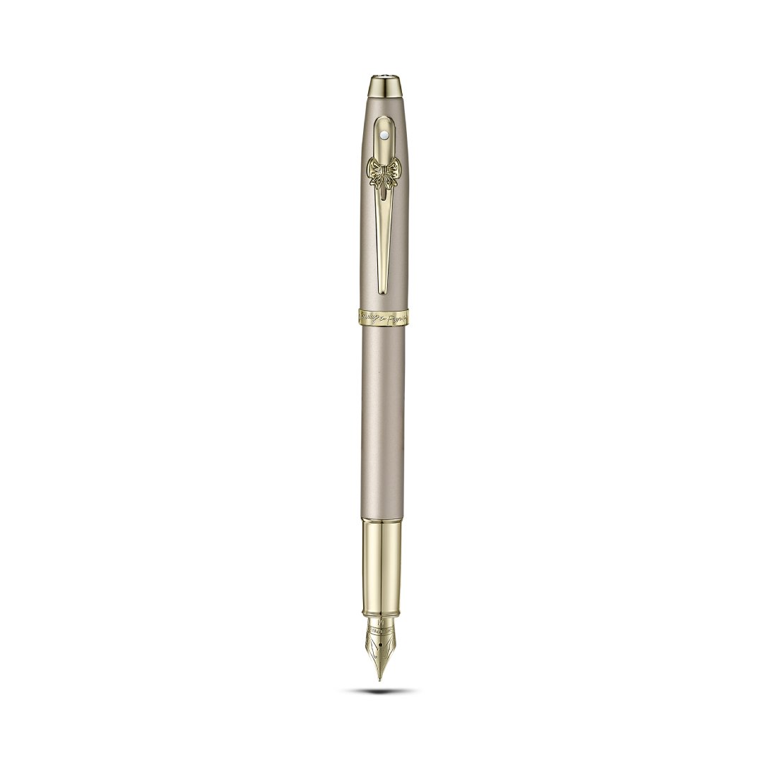 Sheaffer 100 Emily in Paris 9377 Champagne Gold Fountain Pen with Champagne Gold Trims and Bow-Shaped Clip Emblem full upright view