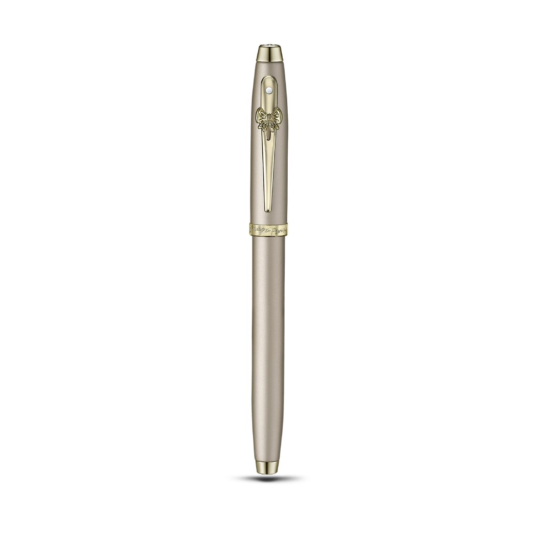 Sheaffer 100 Emily in Paris 9377 Champagne Gold Fountain Pen with Champagne Gold Trims and Bow-Shaped Clip Emblem upright front view