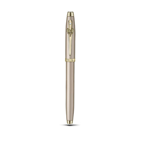 Sheaffer 100 Emily in Paris 9377 Champagne Gold Fountain Pen with Champagne Gold Trims and Bow-Shaped Clip Emblem upright front view
