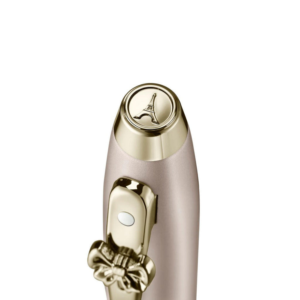 Sheaffer 100 Emily in Paris 9377 Champagne Gold Rollerball Pen with Champagne Gold Trims and Bow-Shaped Clip Emblem cap details