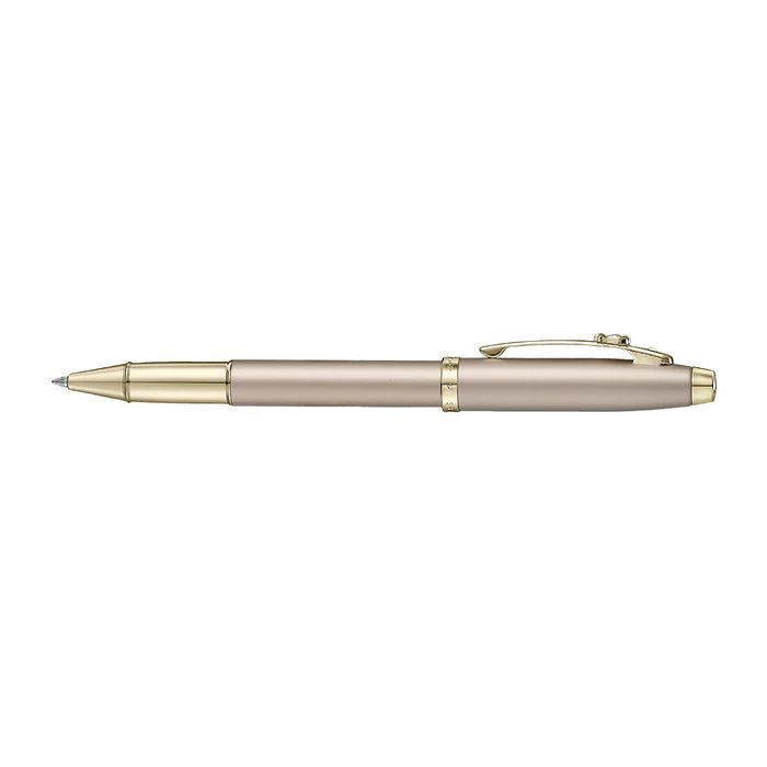 Sheaffer 100 Emily in Paris 9377 Champagne Gold Rollerball Pen with Champagne Gold Trims and Bow-Shaped Clip Emblem full side profile