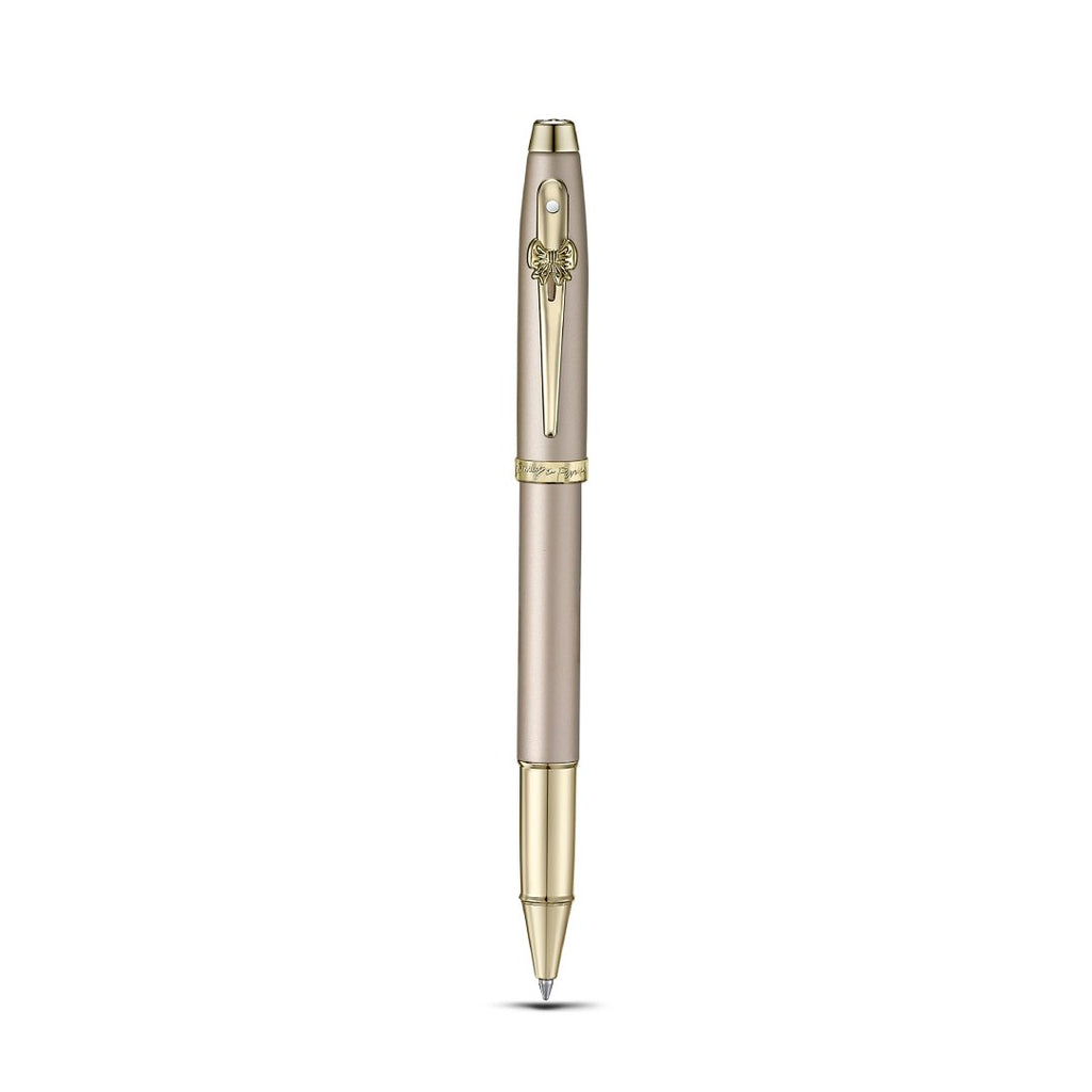 Sheaffer 100 Emily in Paris 9377 Champagne Gold Rollerball Pen with Champagne Gold Trims and Bow-Shaped Clip Emblem upright full view