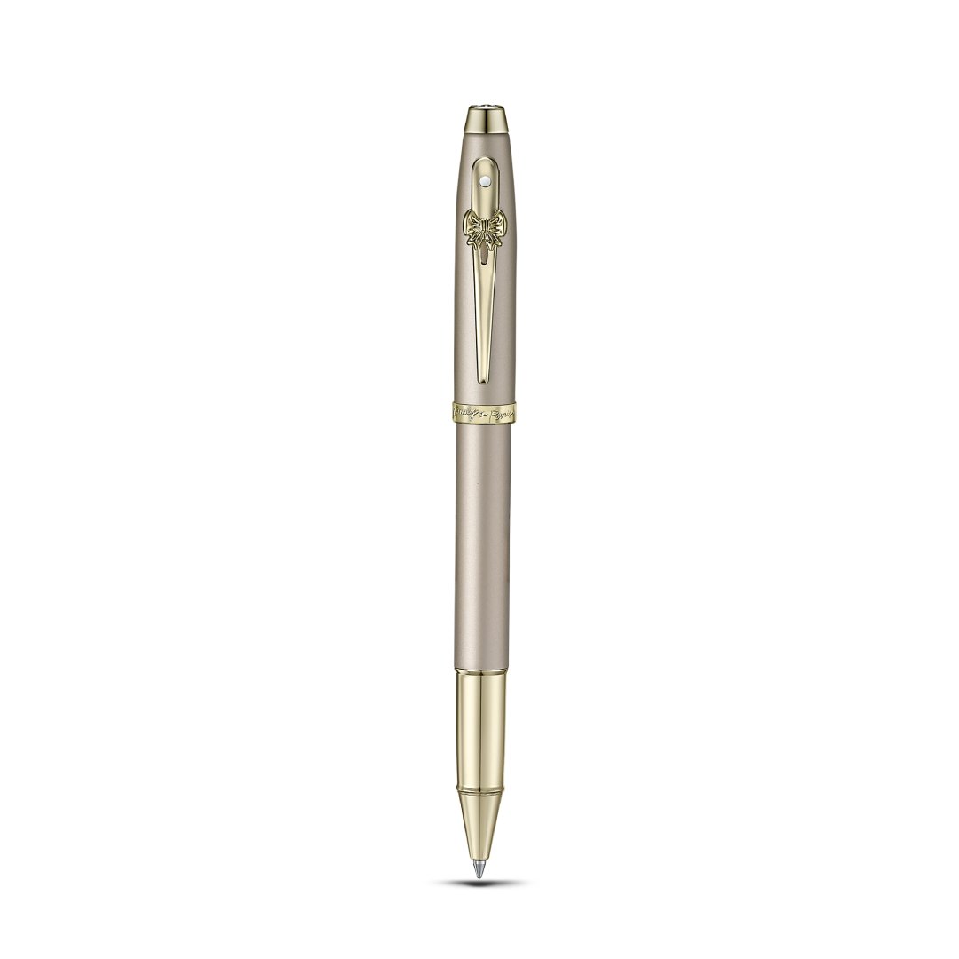 Sheaffer 100 Emily in Paris 9377 Champagne Gold Rollerball Pen with Champagne Gold Trims and Bow-Shaped Clip Emblem upright full view