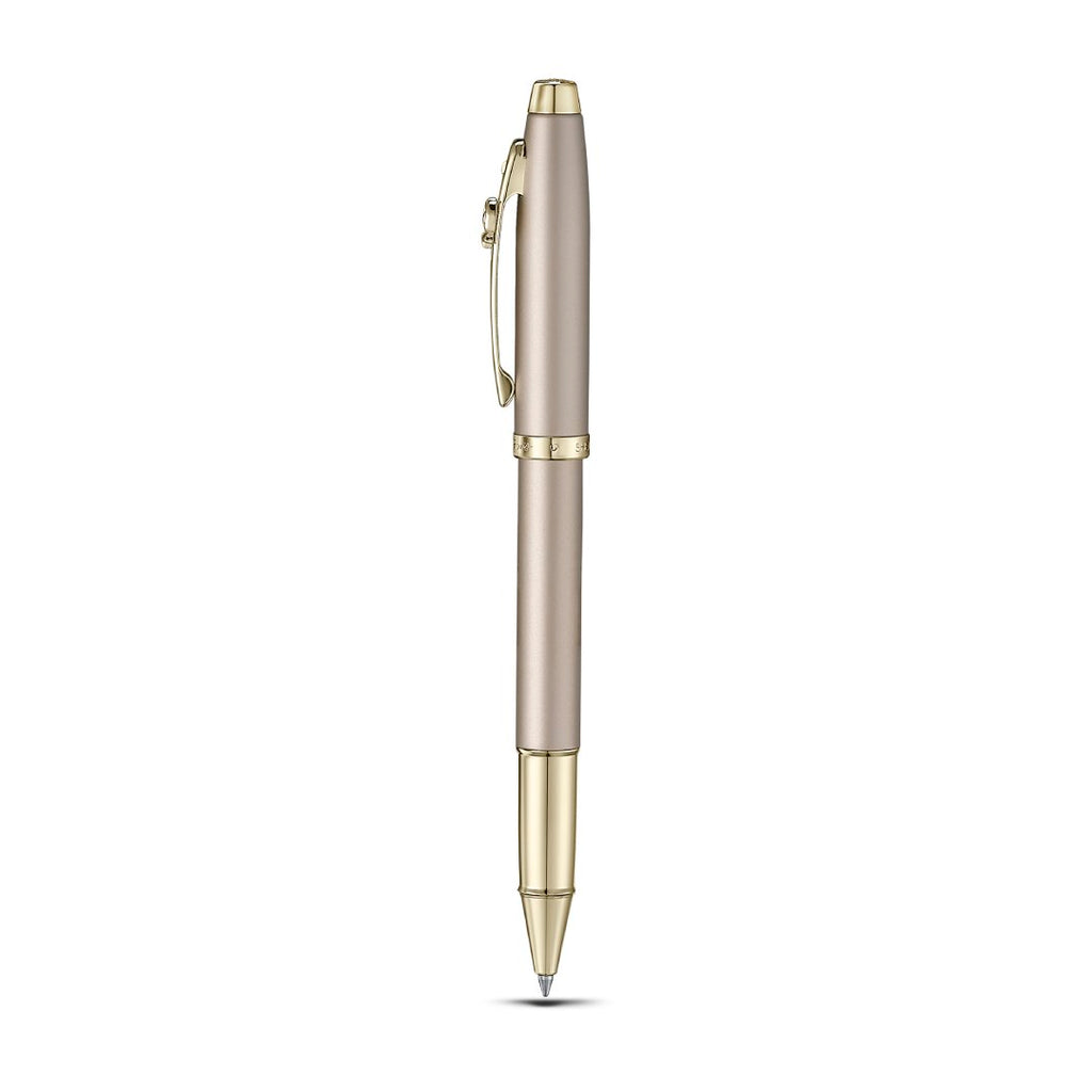 Sheaffer 100 Emily in Paris 9377 Champagne Gold Rollerball Pen with Champagne Gold Trims and Bow-Shaped Clip Emblem upright side profile