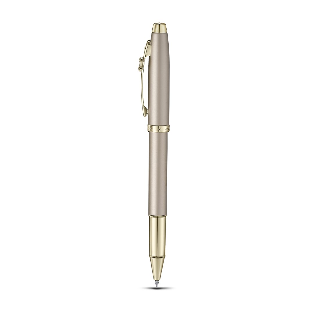 Sheaffer 100 Emily in Paris 9377 Champagne Gold Rollerball Pen with Champagne Gold Trims and Bow-Shaped Clip Emblem upright side profile