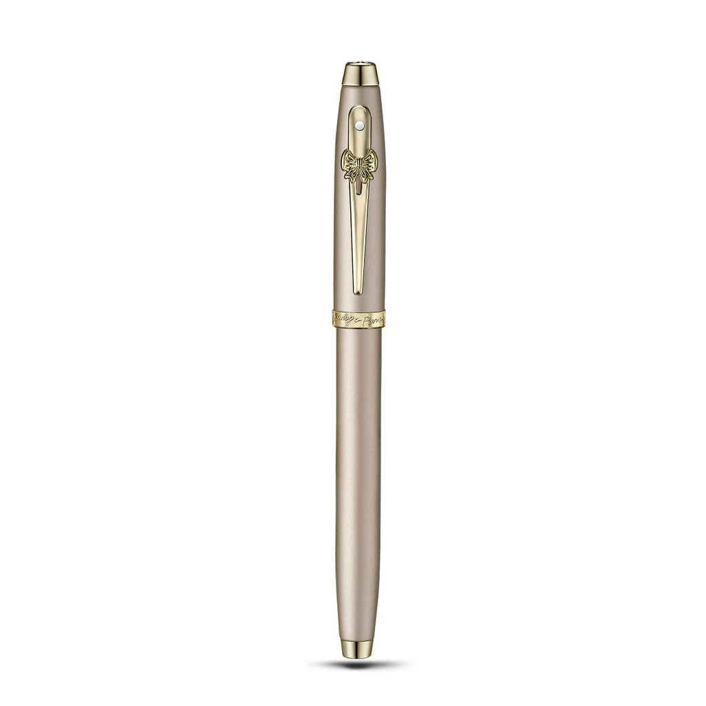 Sheaffer 100 Emily in Paris 9377 Champagne Gold Rollerball Pen with Champagne Gold Trims and Bow-Shaped Clip Emblem upright view
