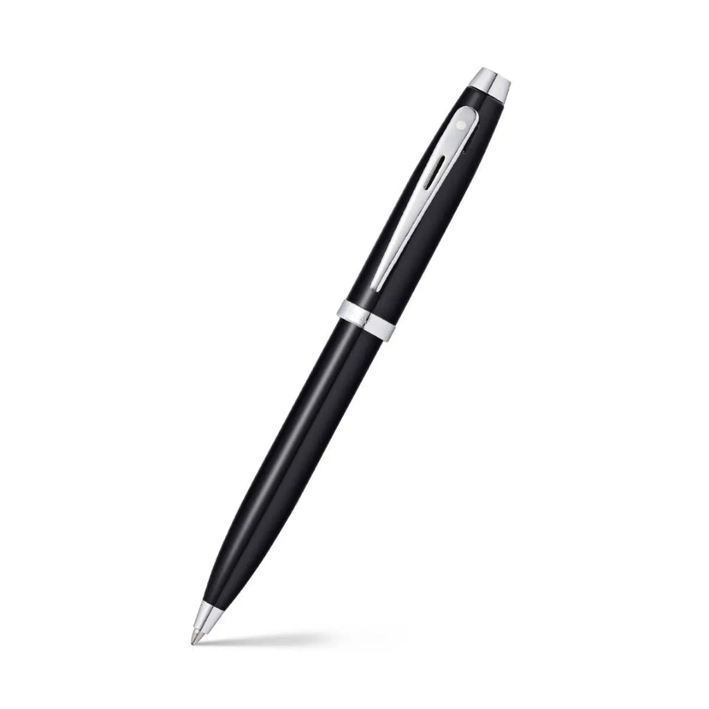 Sheaffer 100 Glossy Black Ballpoint Pen With Chrome-Plated Trims angled writing shot