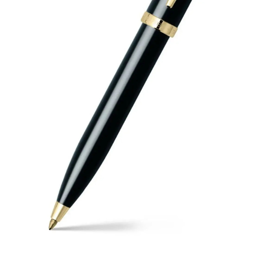 Sheaffer 100 Glossy Black Ballpoint Pen With Gold Trims barrel and tip section
