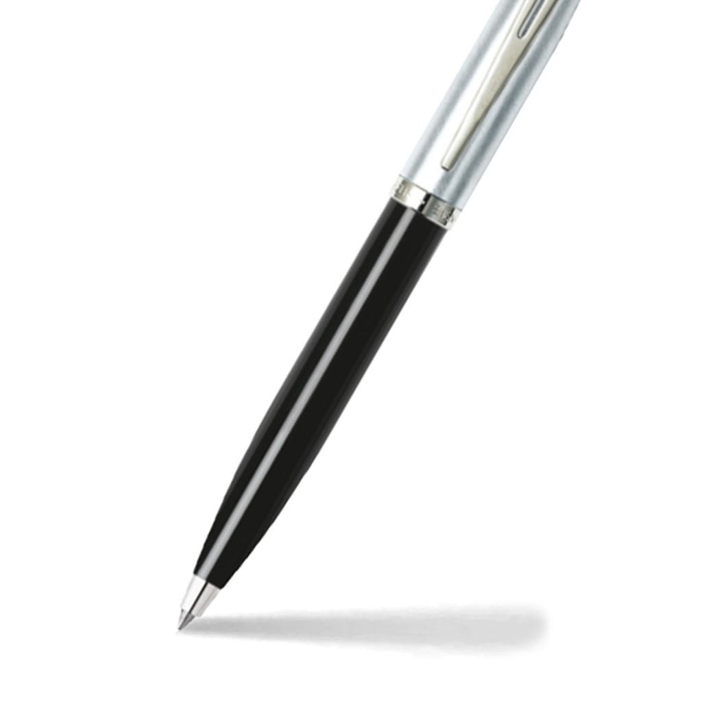 Sheaffer 100 Glossy Black Barrel Ballpoint Pen With Brushed Chrome Cap barrel and tip section
