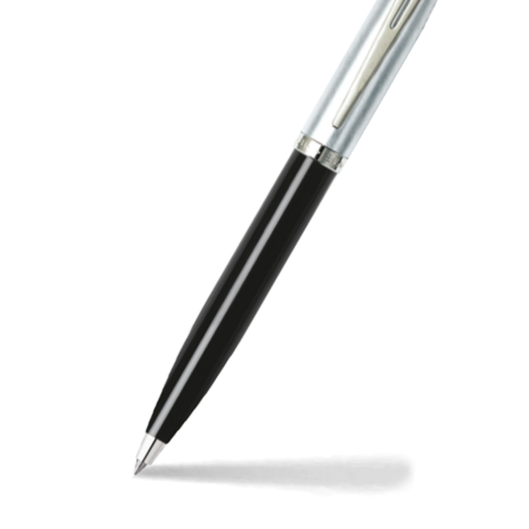 Sheaffer 100 Glossy Black Barrel Ballpoint Pen With Brushed Chrome Cap barrel and tip section