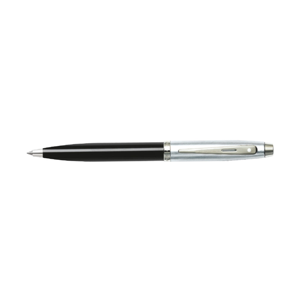 Sheaffer 100 Glossy Black Barrel Ballpoint Pen With Brushed Chrome Cap full side profile