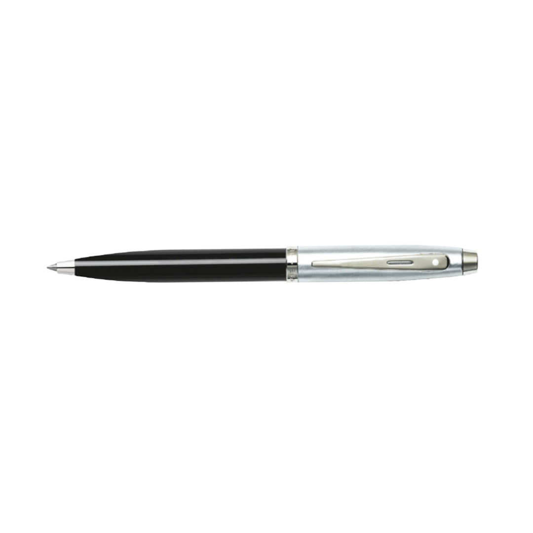 Sheaffer 100 Glossy Black Barrel Ballpoint Pen With Brushed Chrome Cap full side profile