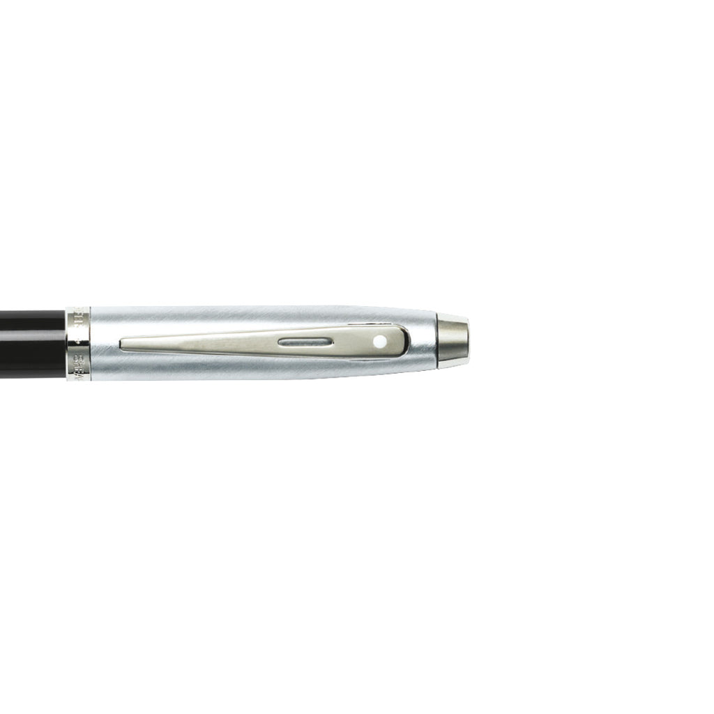 Sheaffer 100 Glossy Black Barrel Ballpoint Pen With Brushed Chrome Cap clip details