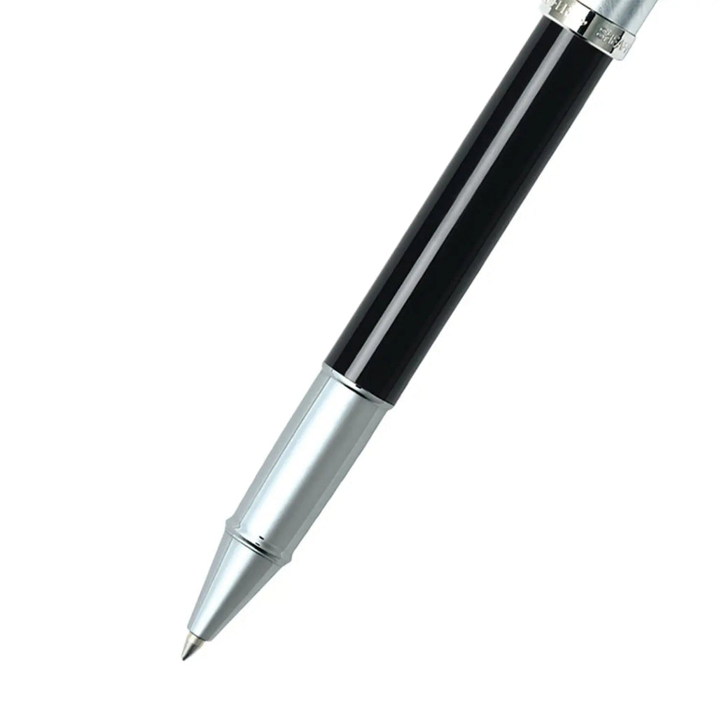 Sheaffer 100 Glossy Black Barrel Rollerball Pen With Brushed Chrome Cap barrel and tip section