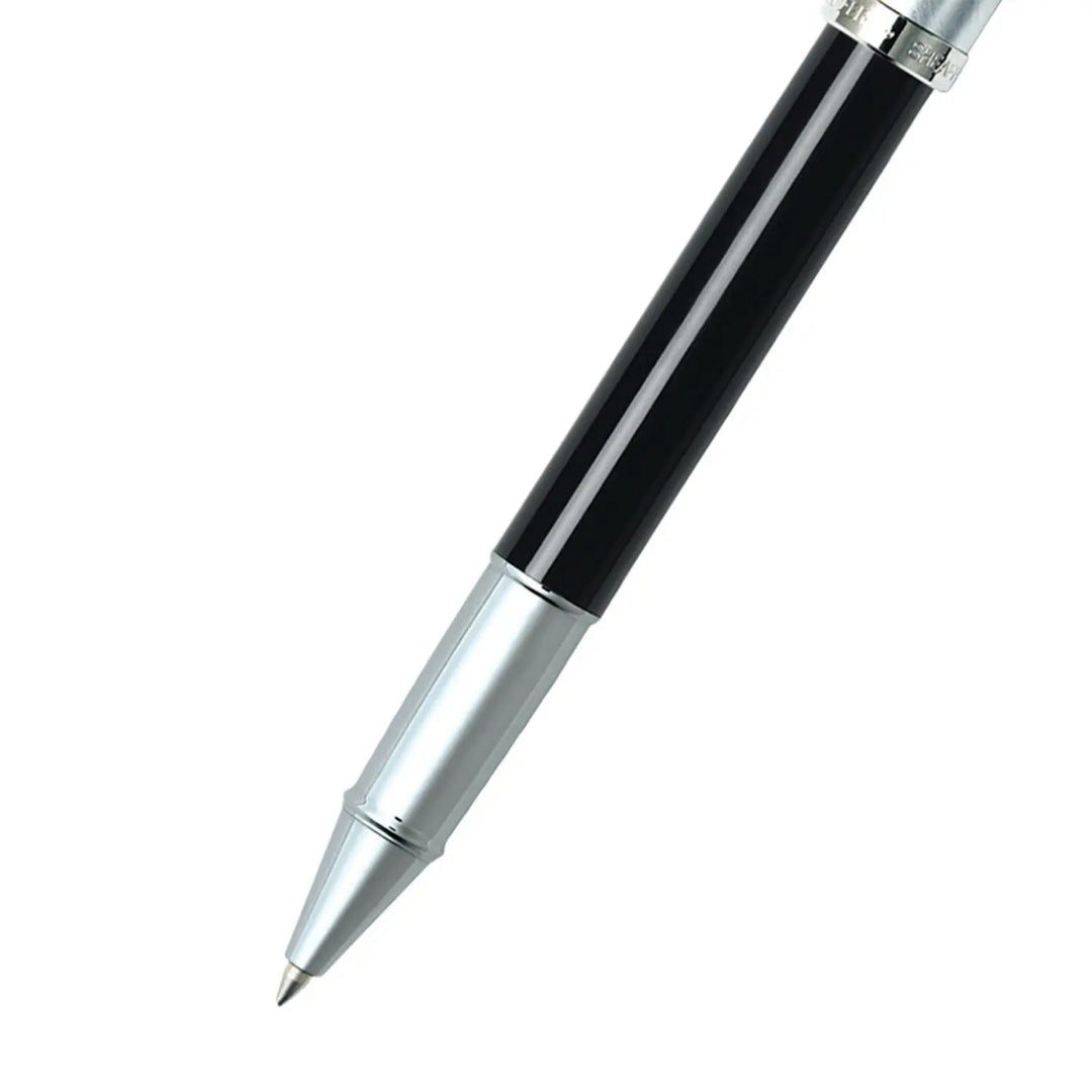Sheaffer 100 Glossy Black Barrel Rollerball Pen With Brushed Chrome Cap barrel and tip section
