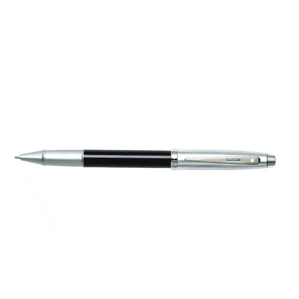 Sheaffer 100 Glossy Black Barrel Rollerball Pen With Brushed Chrome Cap full side profile