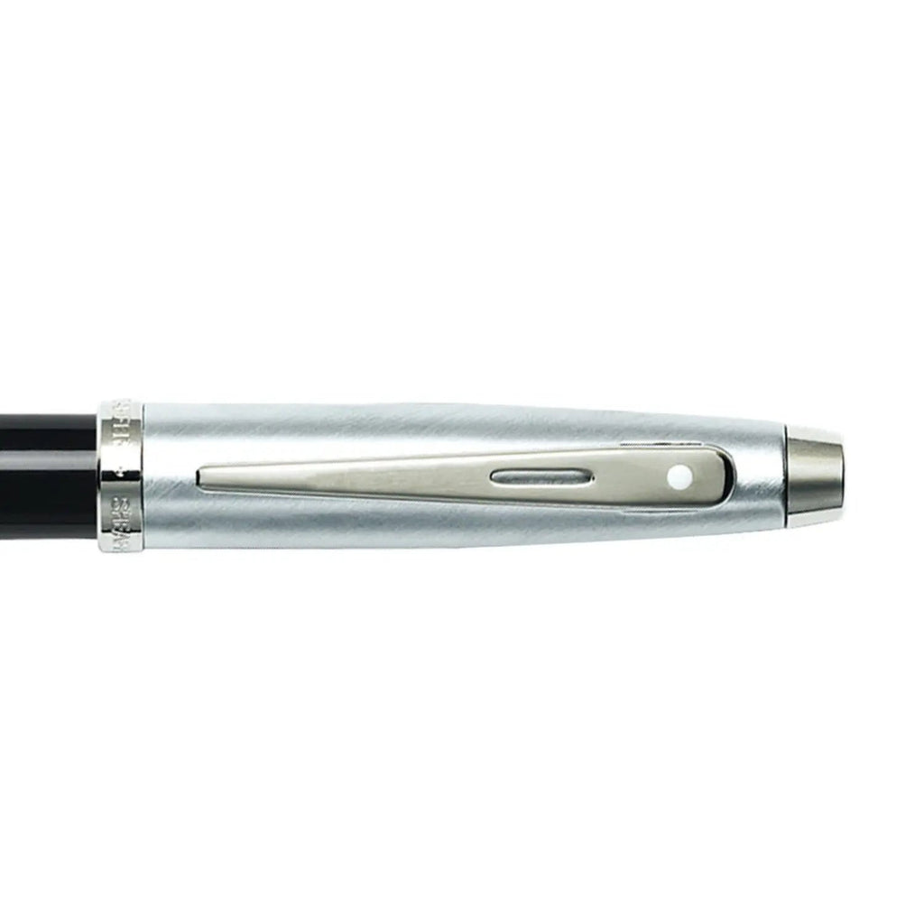 Sheaffer 100 Glossy Black Barrel Rollerball Pen With Brushed Chrome Cap clip details