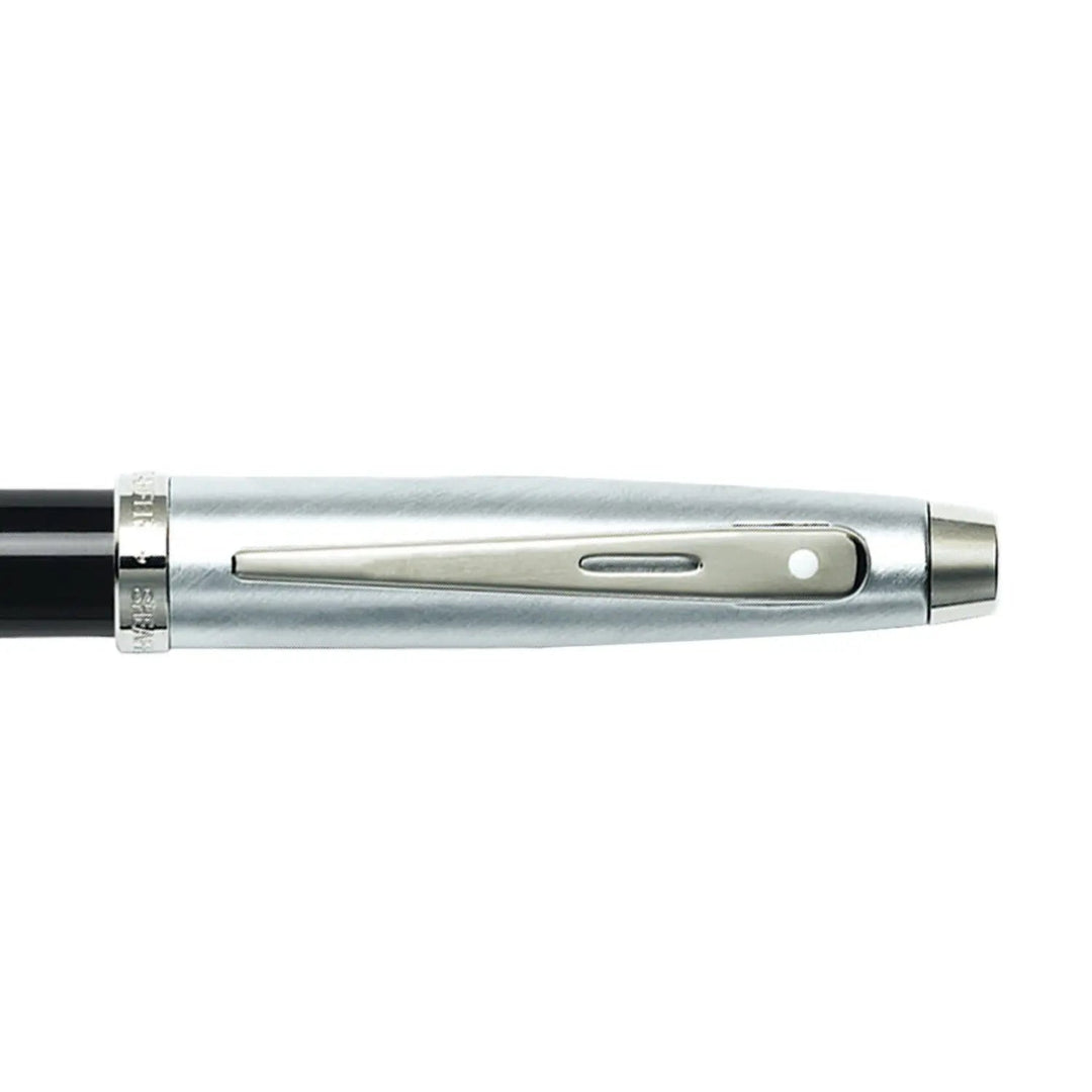 Sheaffer 100 Glossy Black Barrel Rollerball Pen With Brushed Chrome Cap clip details