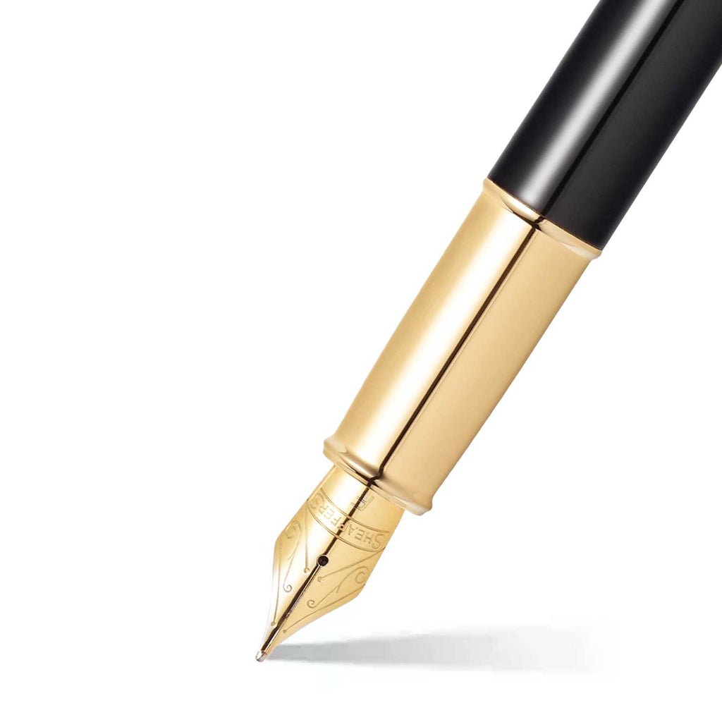 Sheaffer 100 Glossy Black Fountain Pen With Gold Trims barrel and tip section