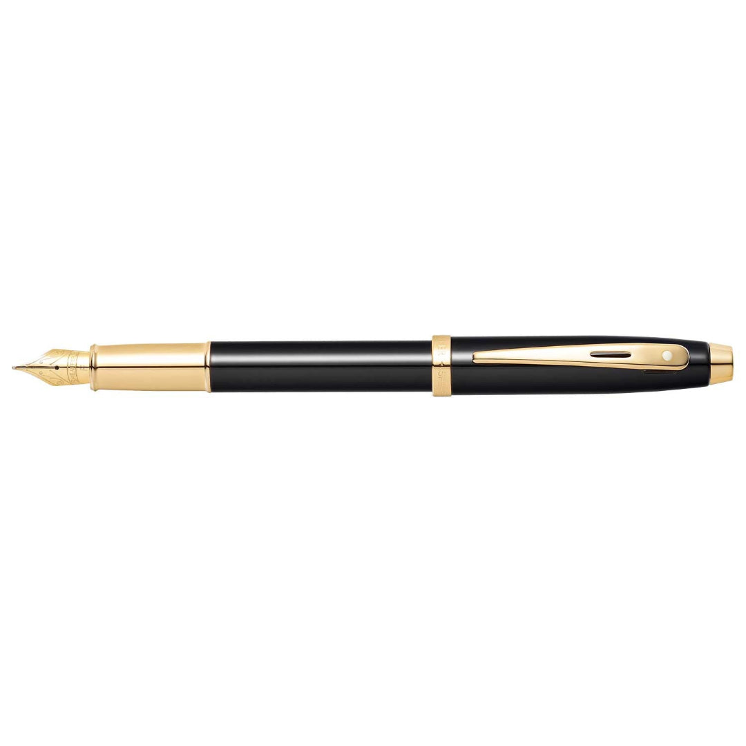 Sheaffer 100 Glossy Black Fountain Pen With Gold Trims full side profile