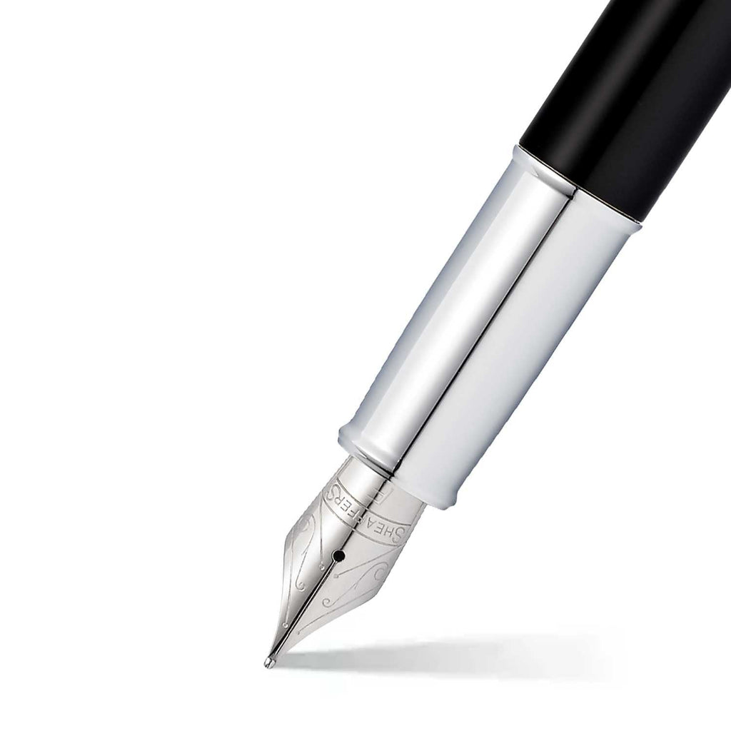 Sheaffer 100 Glossy Black Lacquer Fountain Pen With Chrome-Plated Trims barrel and tip section