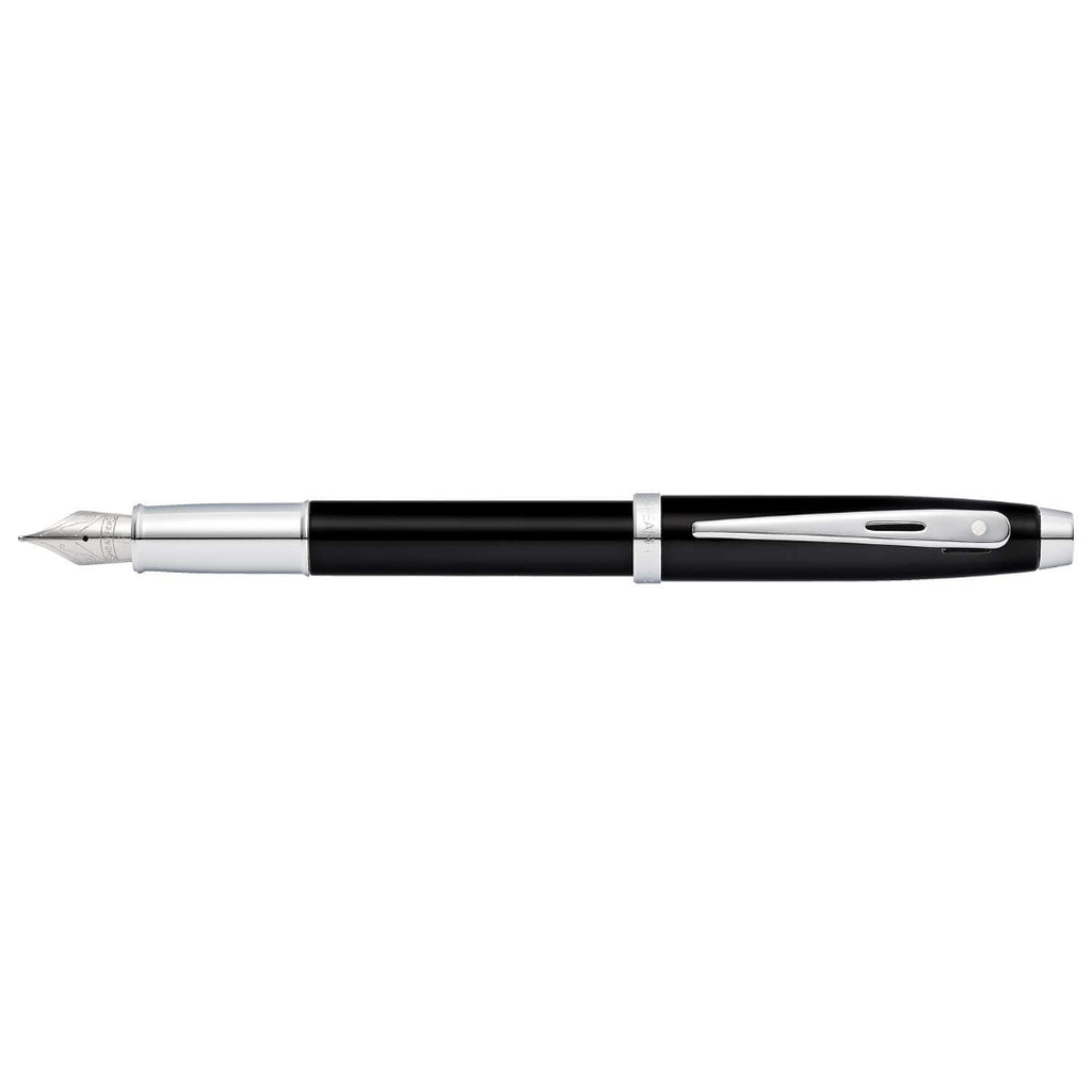 Sheaffer 100 Glossy Black Lacquer Fountain Pen With Chrome-Plated Trims full side profile