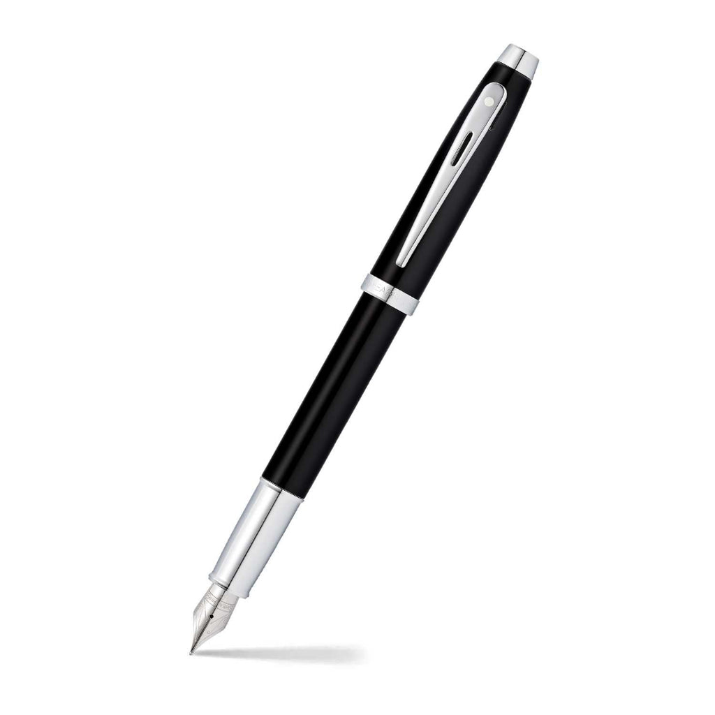 Sheaffer 100 Glossy Black Lacquer Fountain Pen With Chrome-Plated Trims angled writing shot