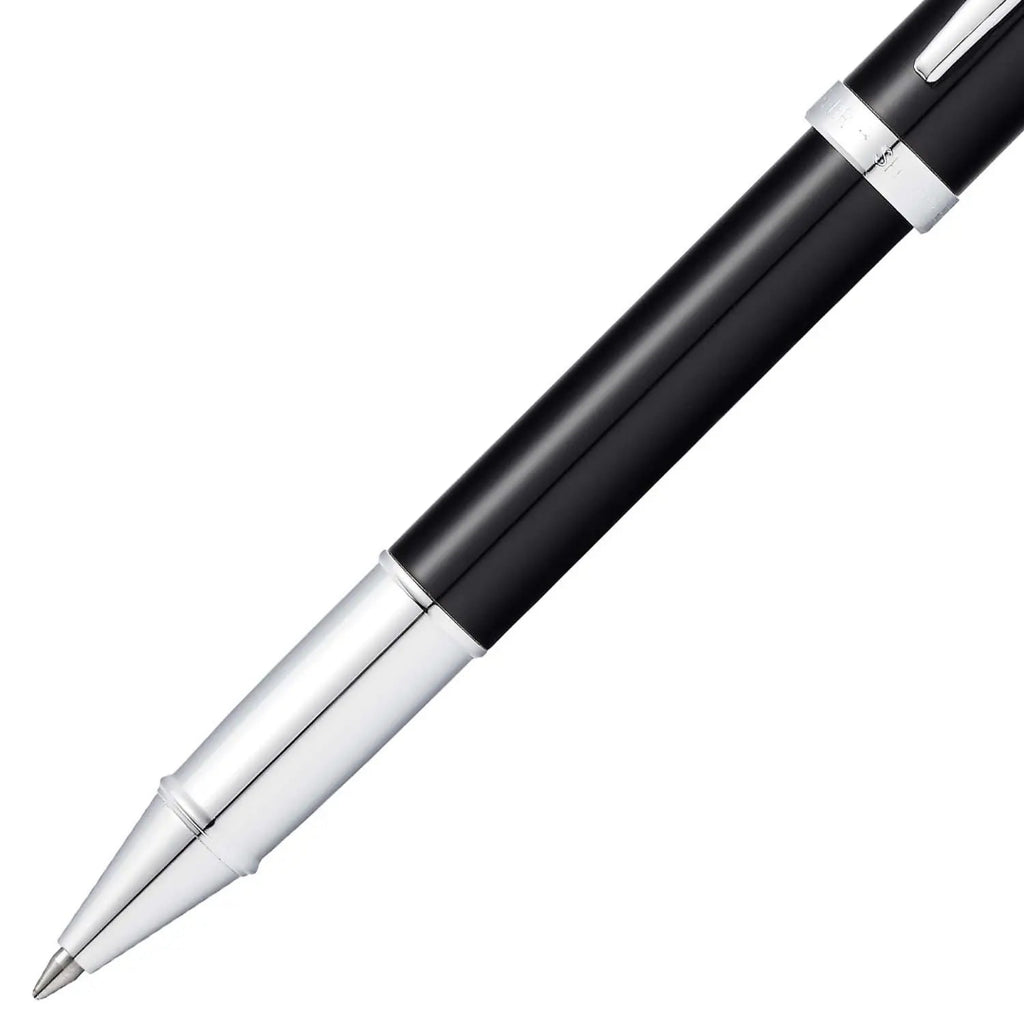 Sheaffer 100 Glossy Black Rollerball Pen With Chrome-Plated Trims barrel and tip section