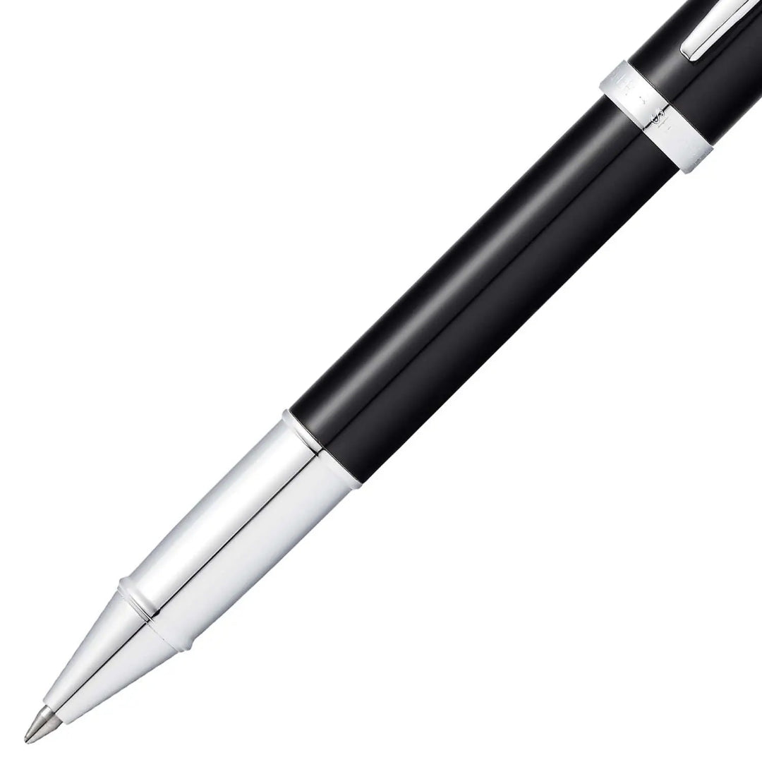 Sheaffer 100 Glossy Black Rollerball Pen With Chrome-Plated Trims barrel and tip section