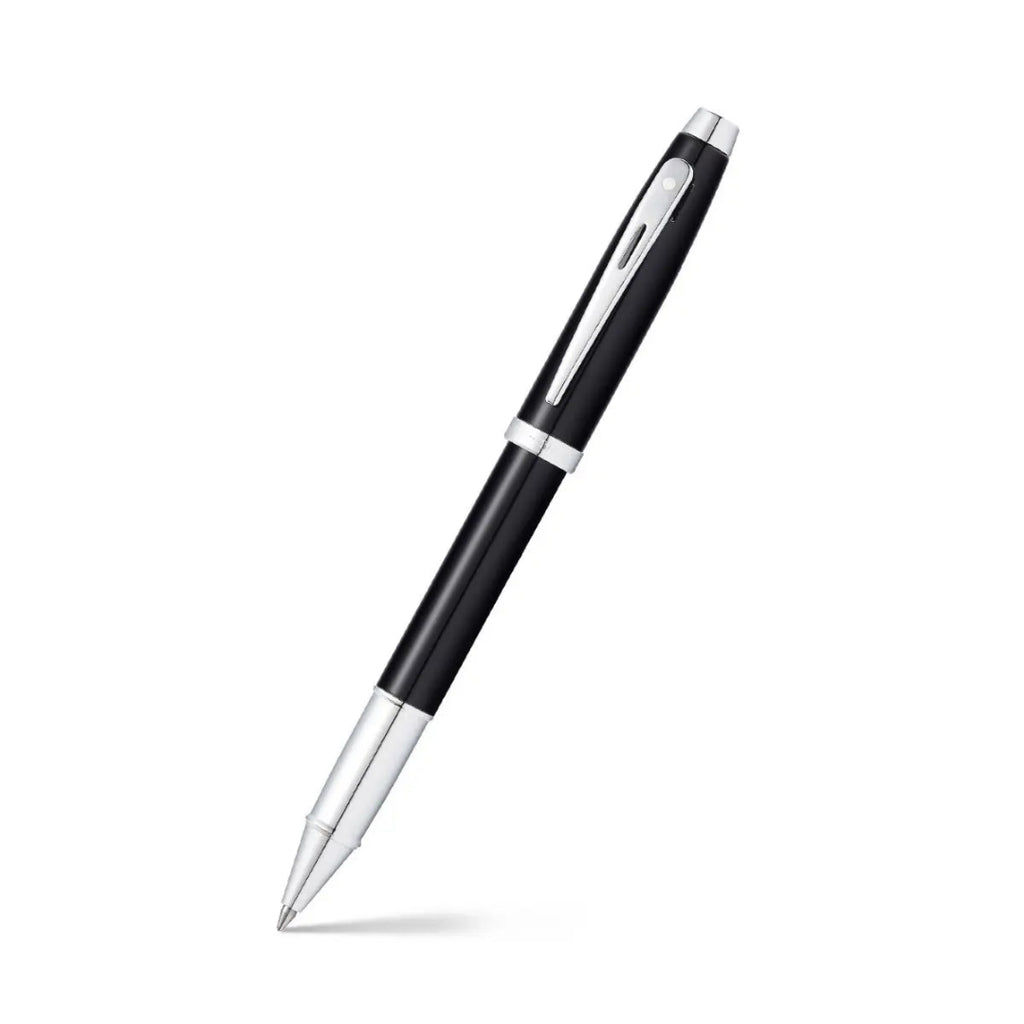 Sheaffer 100 Glossy Black Rollerball Pen With Chrome-Plated Trims angled writing shot