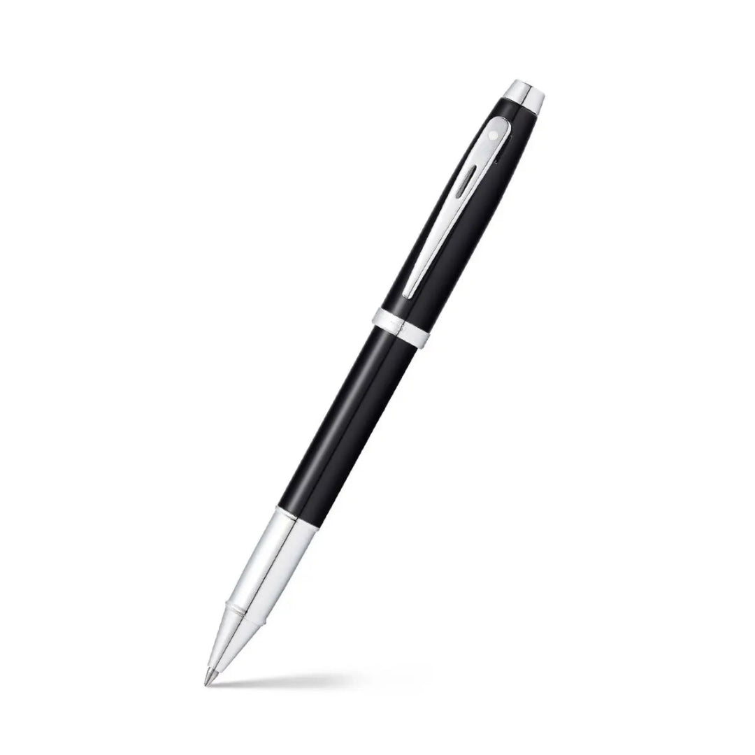 Sheaffer 100 Glossy Black Rollerball Pen With Chrome-Plated Trims angled writing shot
