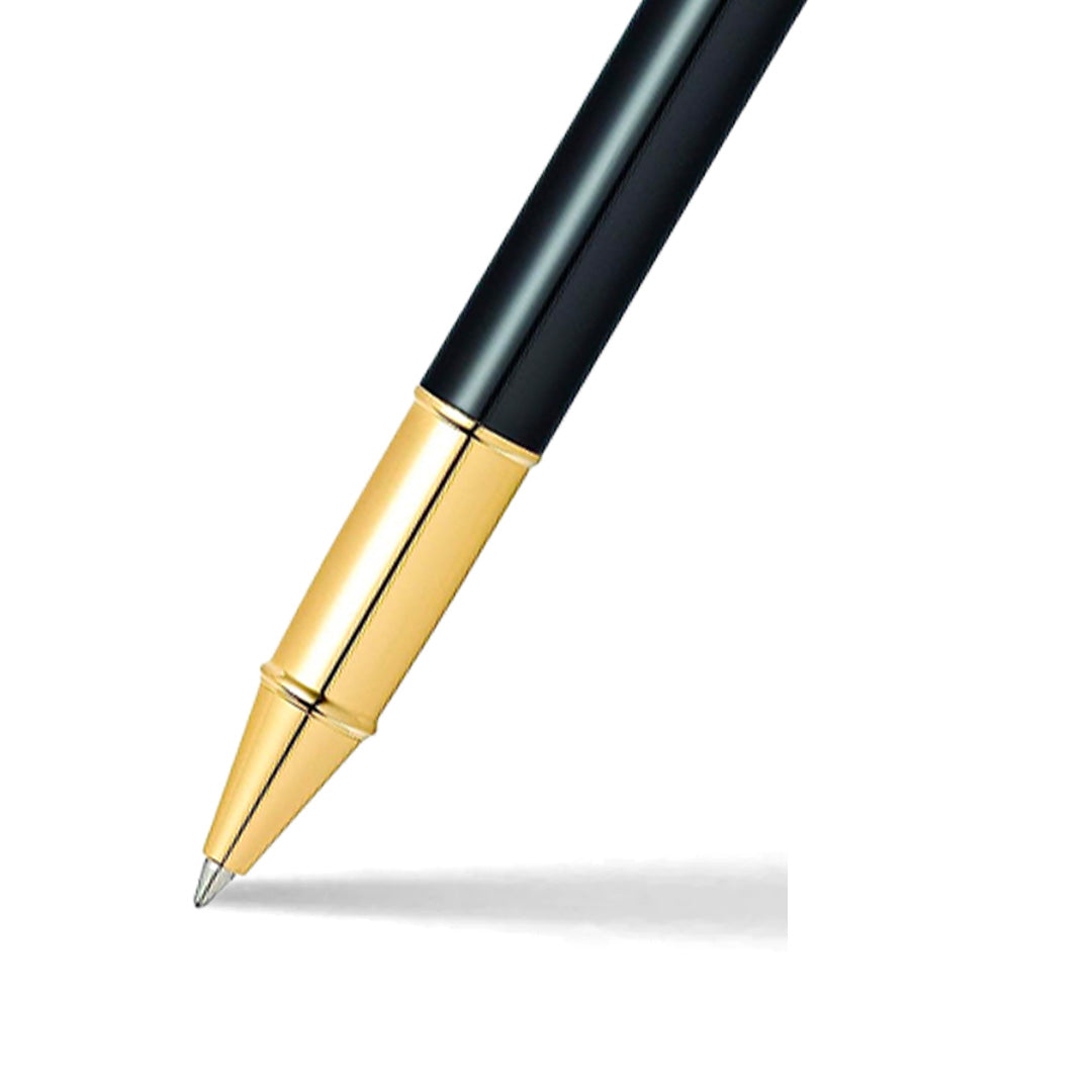 Sheaffer 100 Glossy Black Rollerball Pen With Gold Trims barrel and tip section