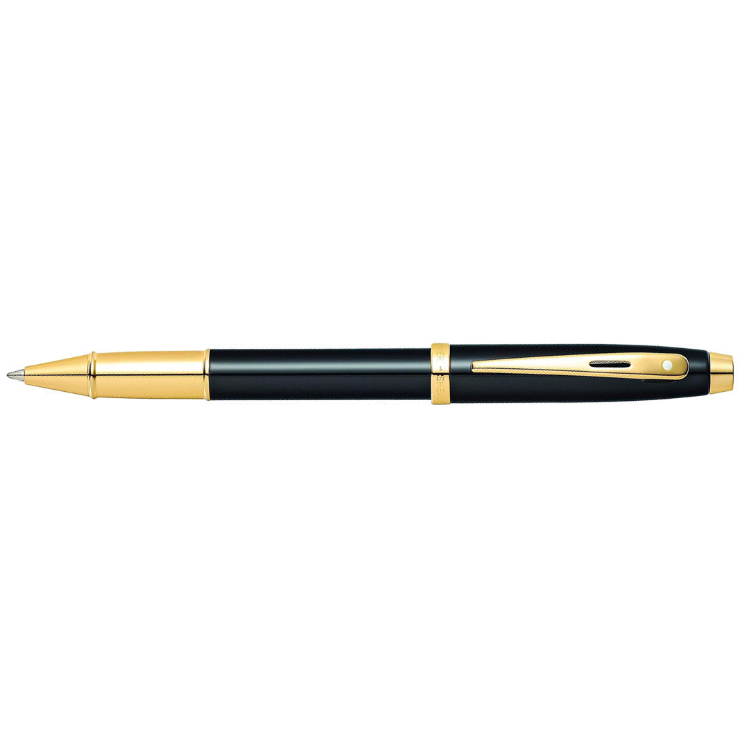 Sheaffer 100 Glossy Black Rollerball Pen With Gold Trims full side profile