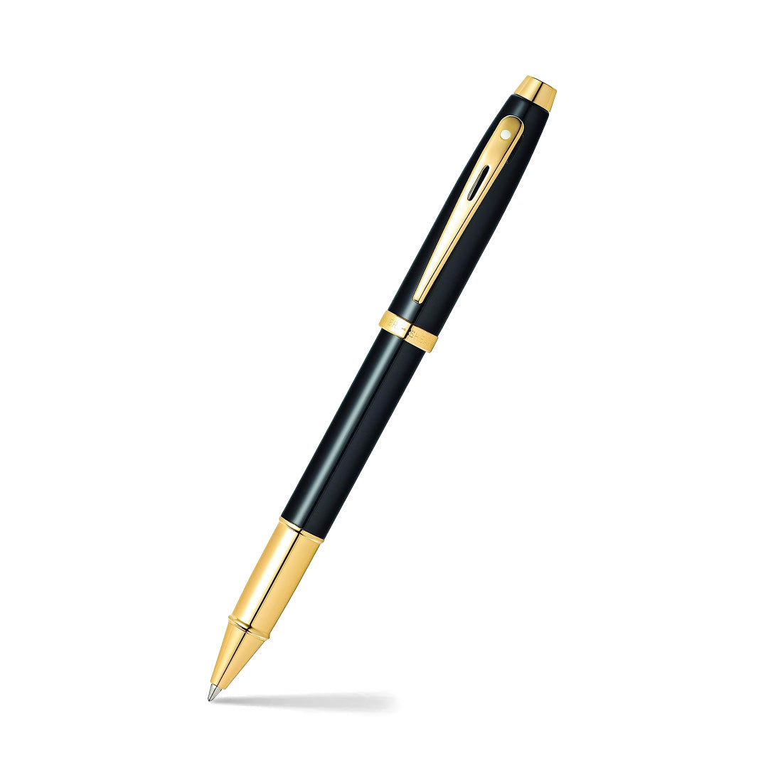 Sheaffer 100 Glossy Black Rollerball Pen With Gold Trims angled writing shot
