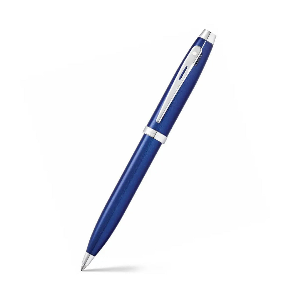 Sheaffer 100 Glossy Blue Ballpoint Pen With Chrome Trims angled writing shot