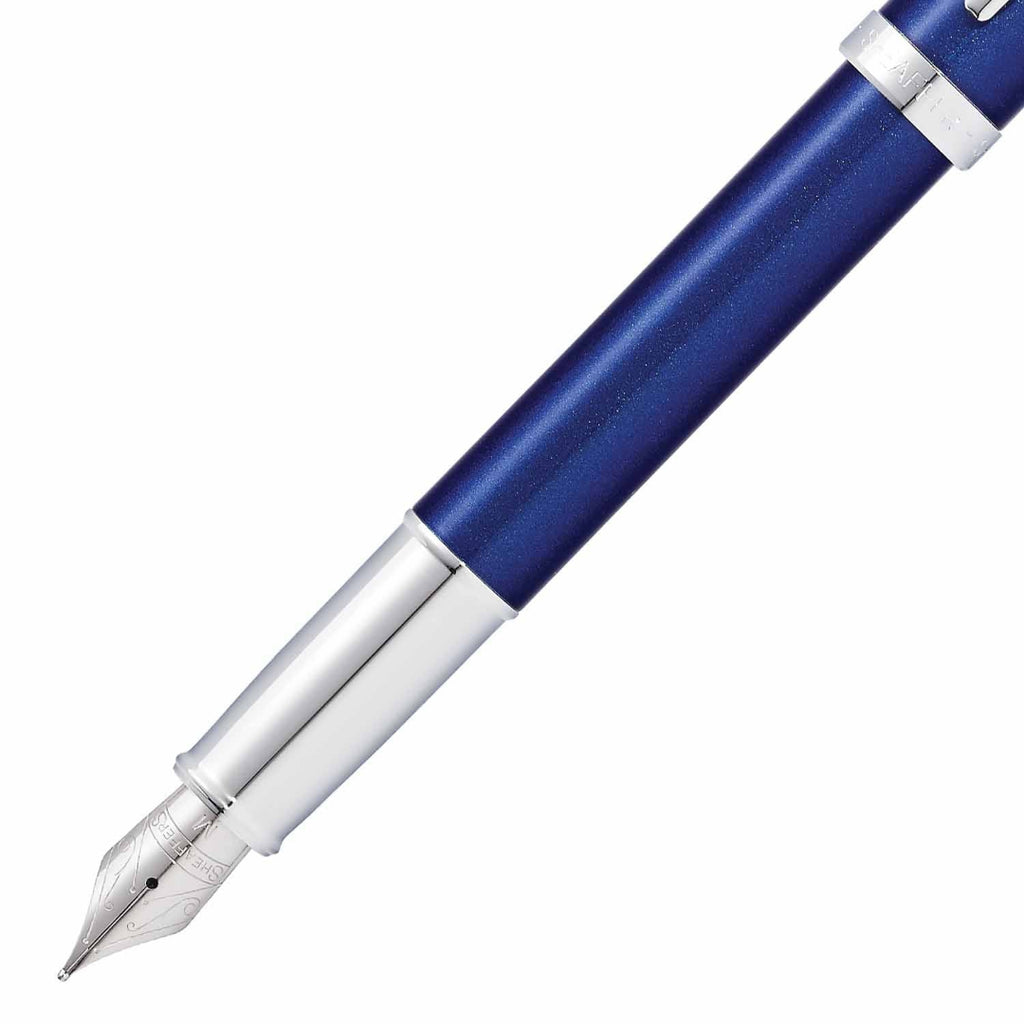 Sheaffer 100 Glossy Blue Fountain Pen With Chrome Trims barrel and tip section