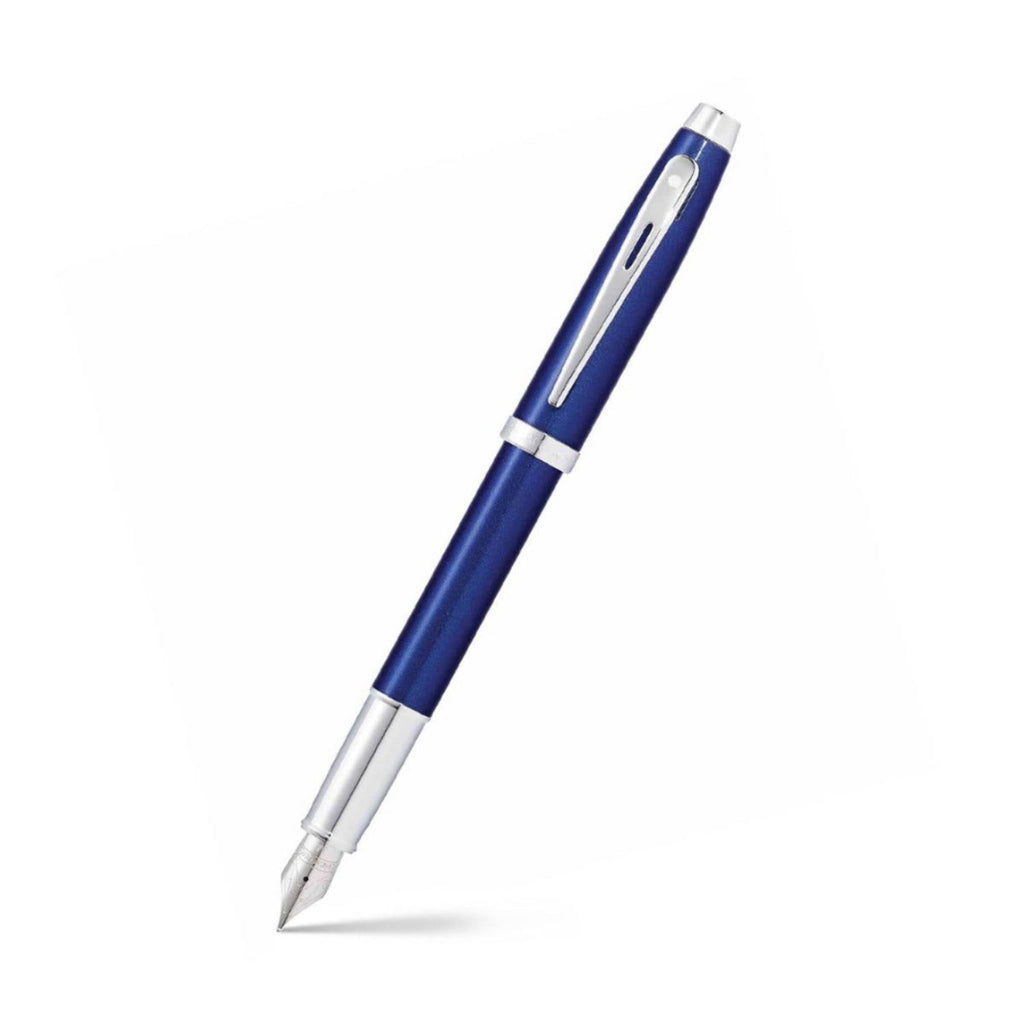 Sheaffer 100 Glossy Blue Fountain Pen With Chrome Trims angled writing shot