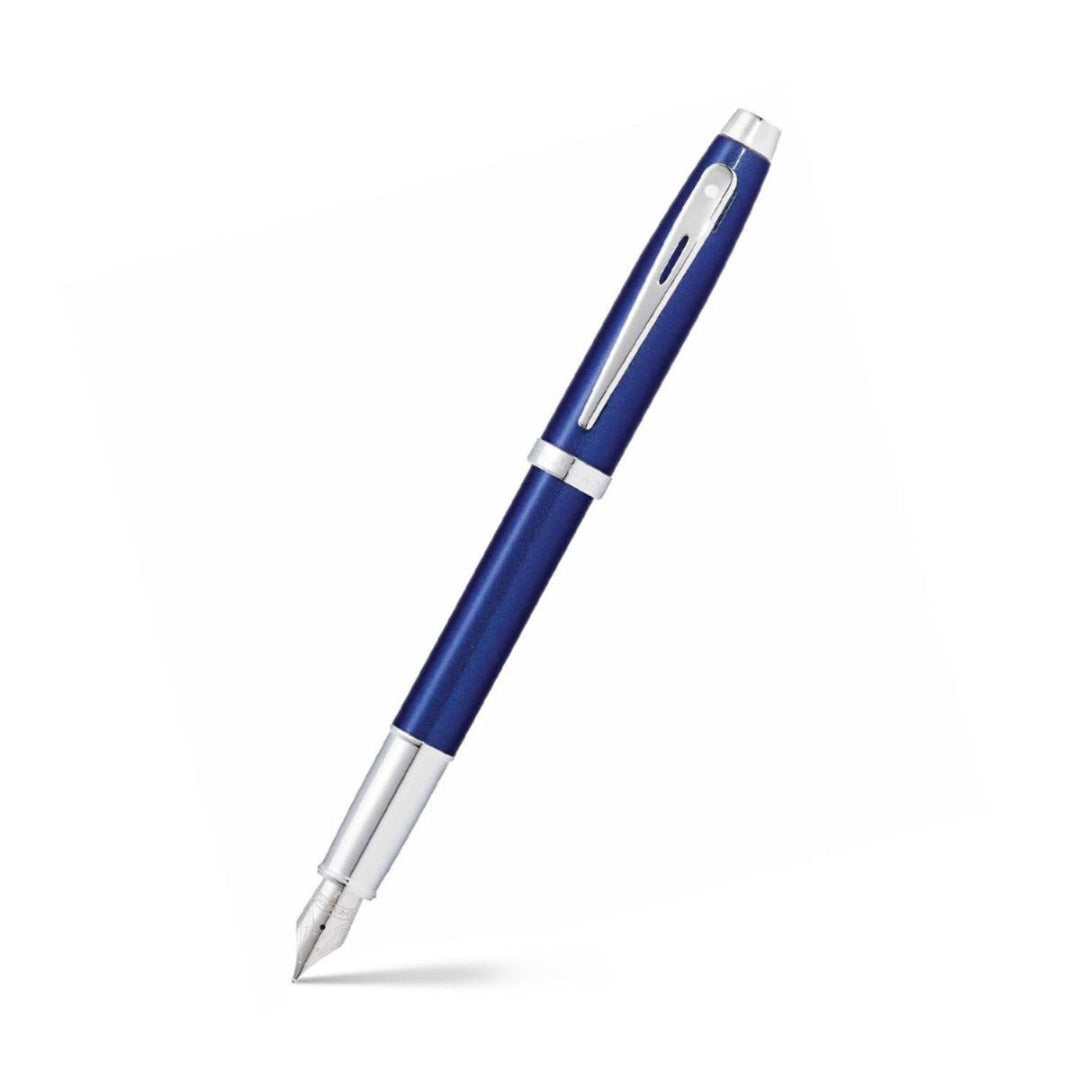 Sheaffer 100 Glossy Blue Fountain Pen With Chrome Trims angled writing shot