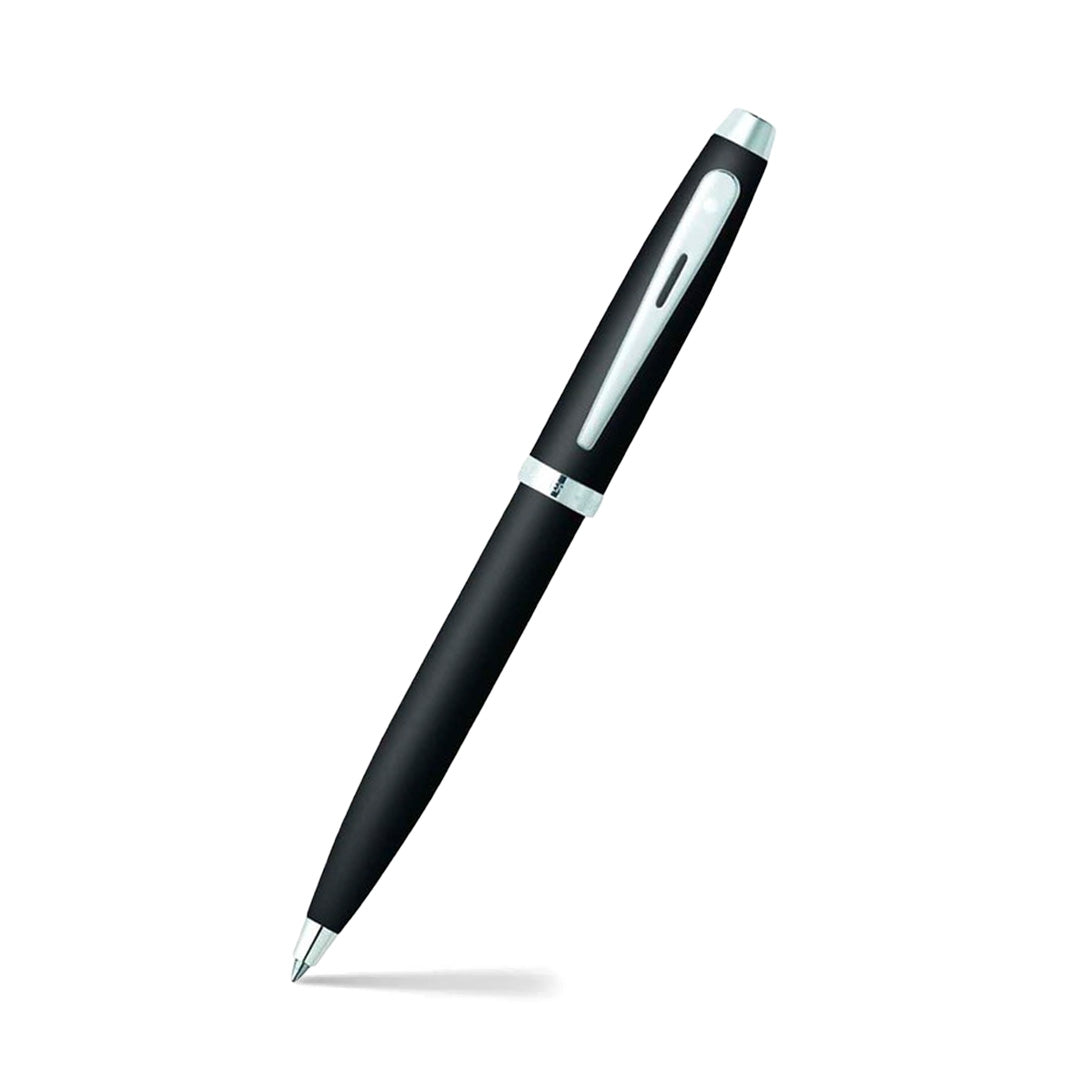 Sheaffer 100 Matte Black Ballpoint Pen With Chrome Trims angled writing shot