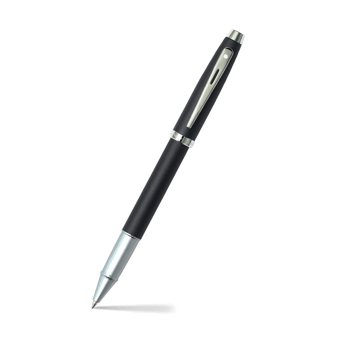 Sheaffer 100 Matte Black Rollerball Pen With Chrome Trims angled writing shot