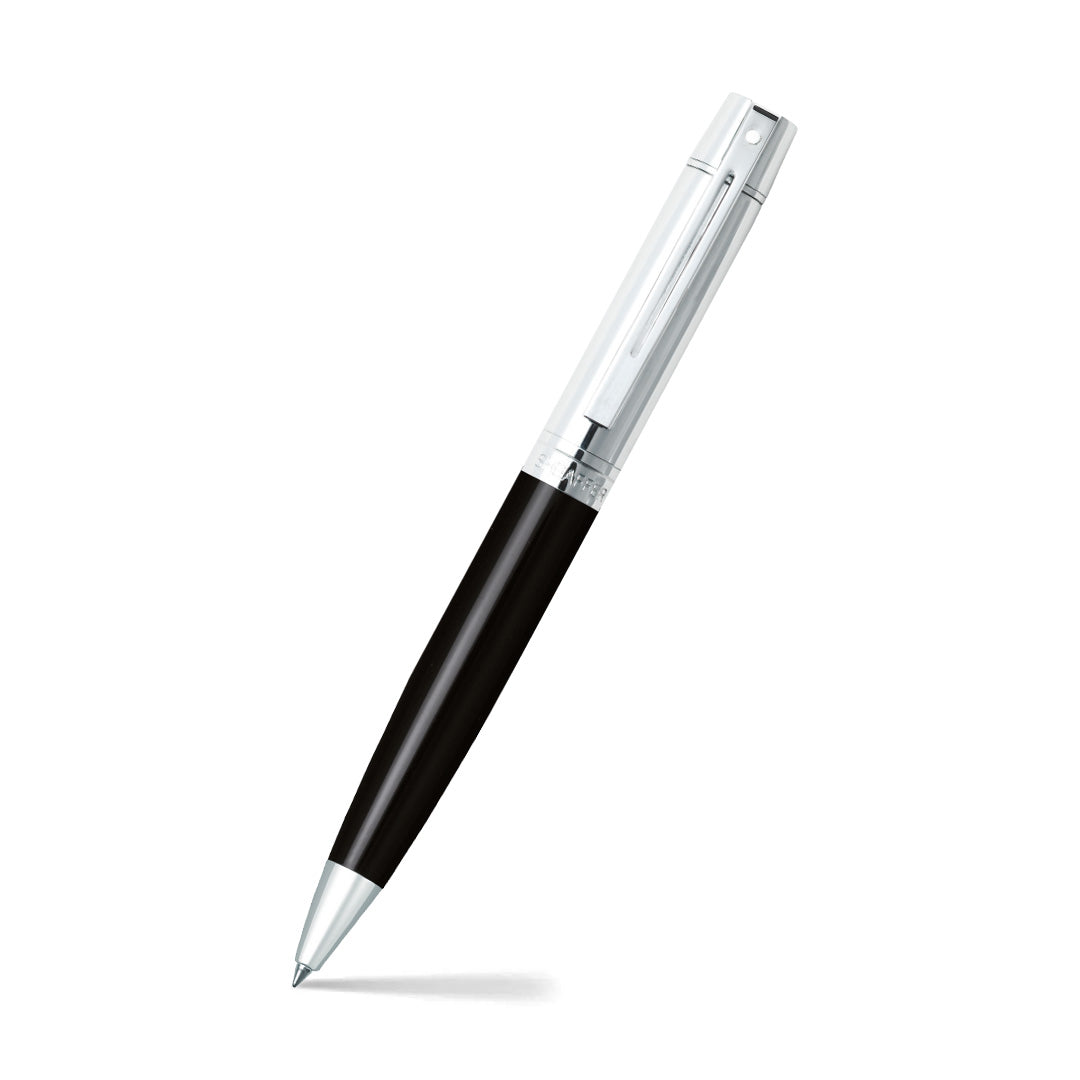 Sheaffer 300 9314 Glossy Black Ballpoint pen with Chrome Cap and Chrome Trims angled writing shot