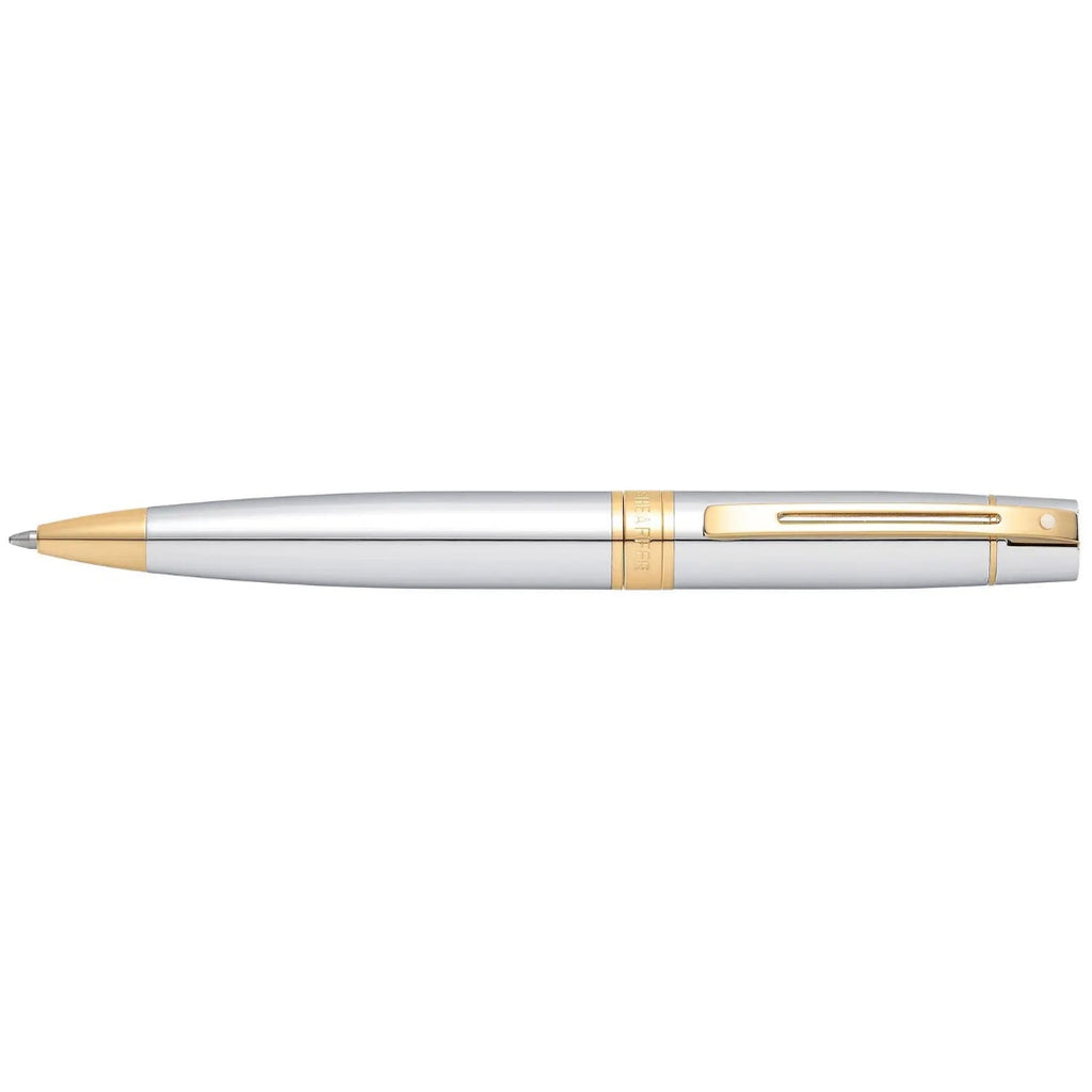Sheaffer 300  Bright Chrome Ballpoint Pen With Gold Trims full side profile