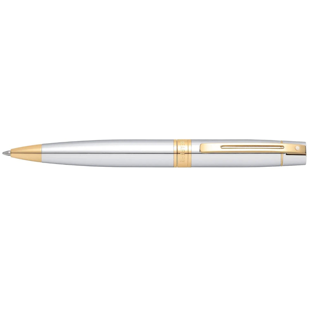 Sheaffer 300  Bright Chrome Ballpoint Pen With Gold Trims full side profile