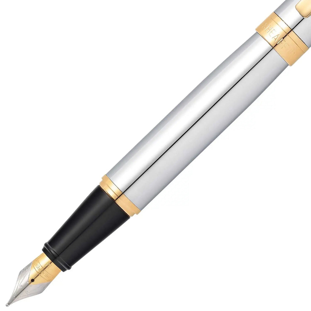 Sheaffer 300 Bright Chrome Fountain Pen With Gold Trims barrel and tip section