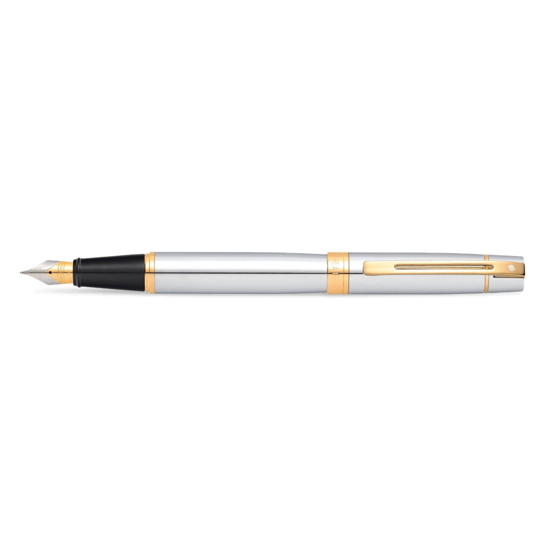 Sheaffer 300 Bright Chrome Fountain Pen With Gold Trims full side profile