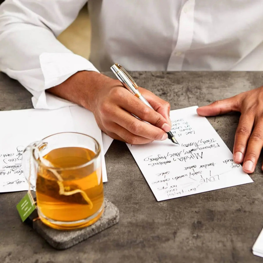 Person writing on a piece of paper using Sheaffer 300 Bright Chrome Fountain Pen With Gold Trims