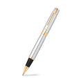 Sheaffer 300 Bright Chrome Rollerball Pen With Gold Trims angled writing shot