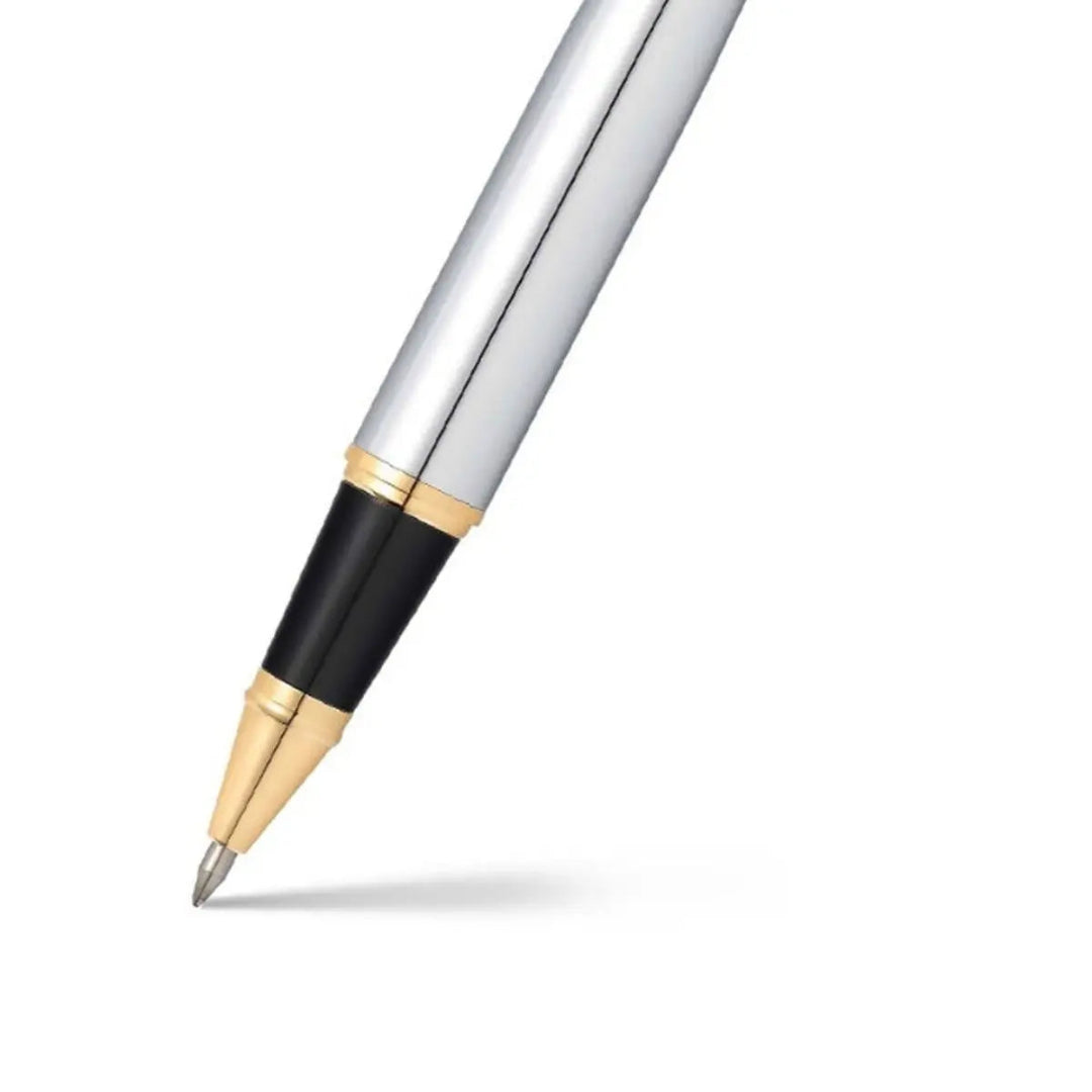 Sheaffer 300 Bright Chrome Rollerball Pen With Gold Trims barrel and tip section